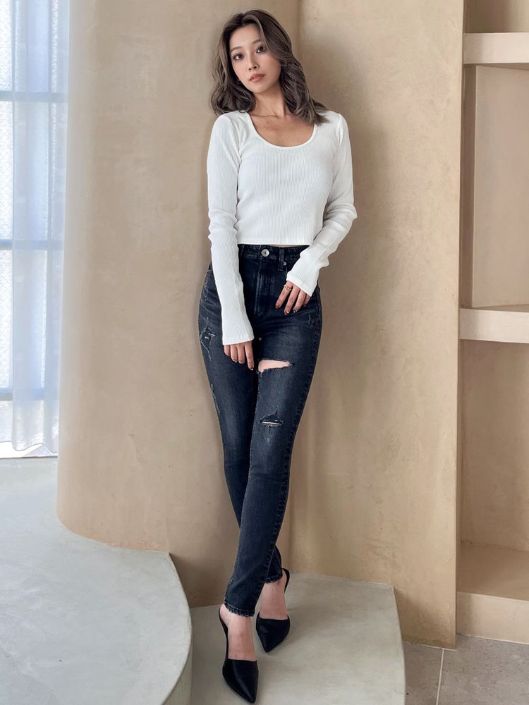 GYDA H/W thigh high ダメージデニムパンツ