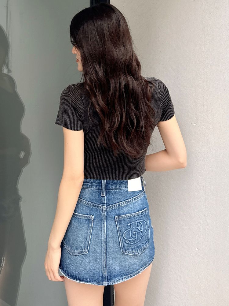 GYDA ハイウエストGD embossダメージスカートライクデニムショートパンツ