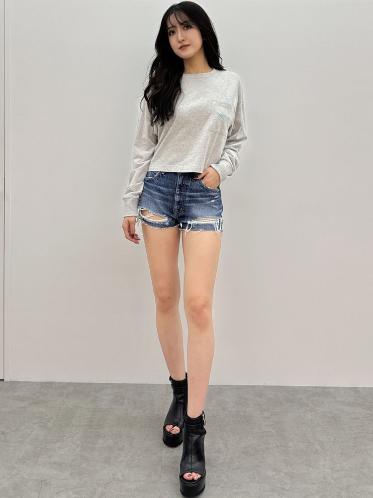 GYDA ハイウエストBACK RIPPEDデニムショートパンツ