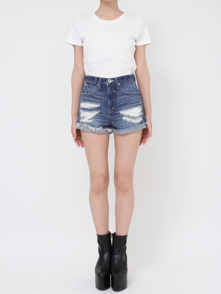 GYDA ジャストウエストダメージデニムショートパンツ