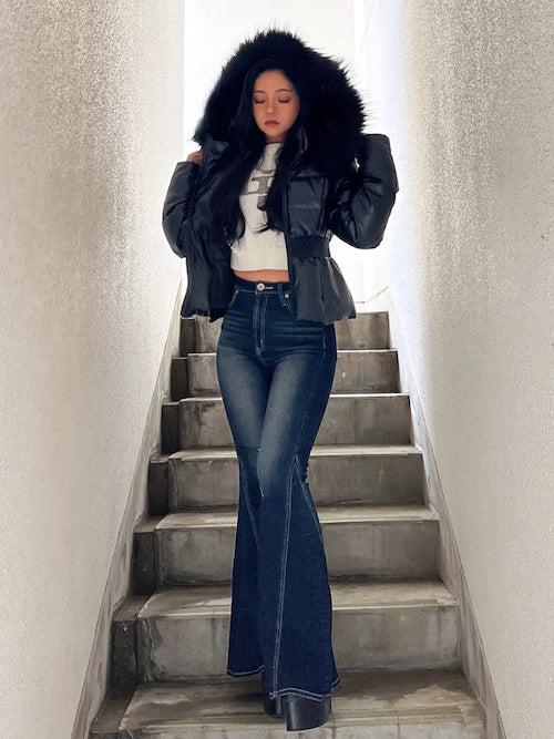 GYDA GDベルト付きフェイクレザーショートダウンコート