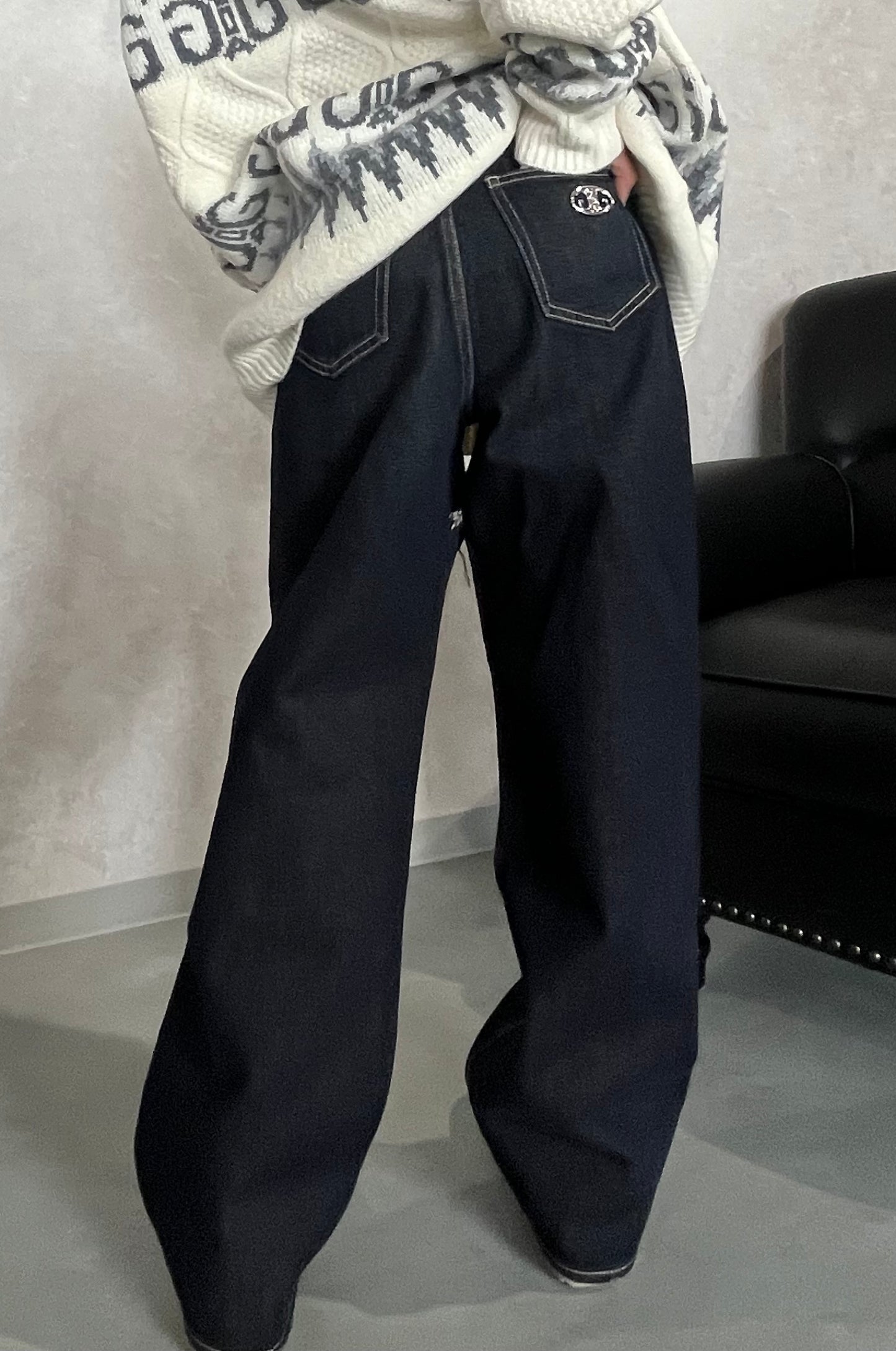 GYDA ハイウエストSymmetryGYDA INNER RIPPEDワイドデニムパンツ