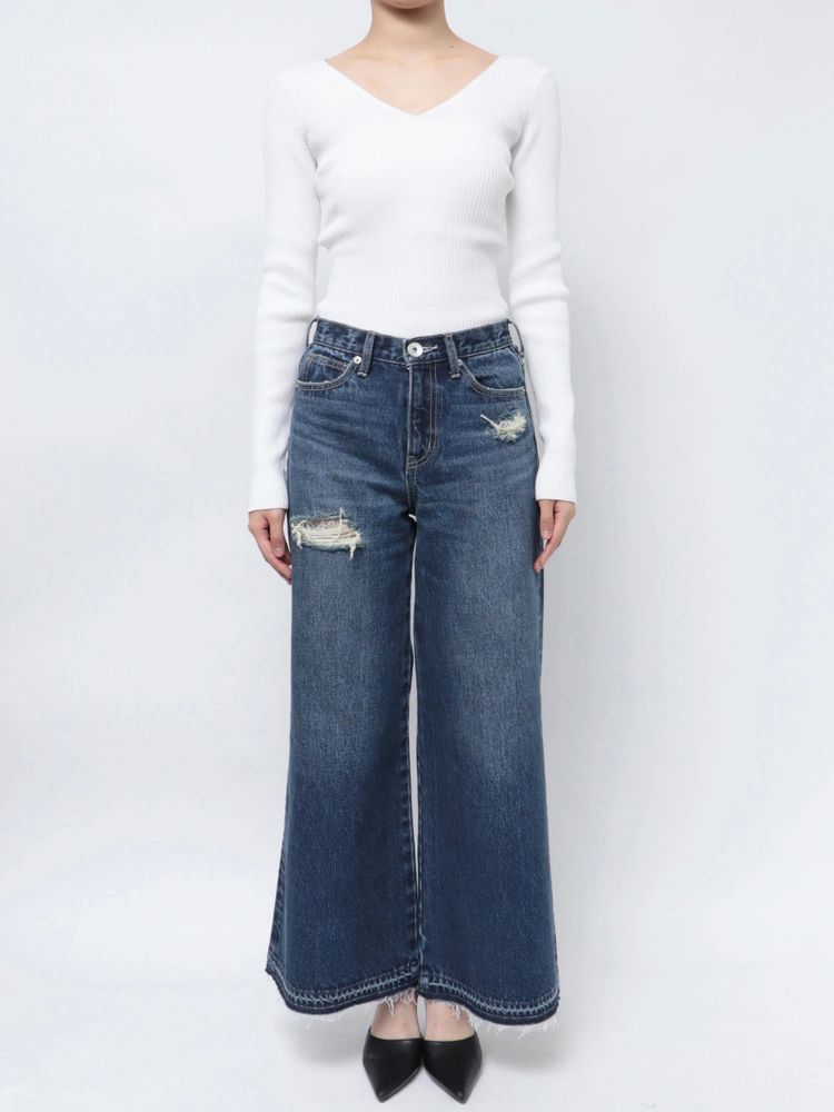 GYDA ハイウエストレースデザインフレアデニムパンツ