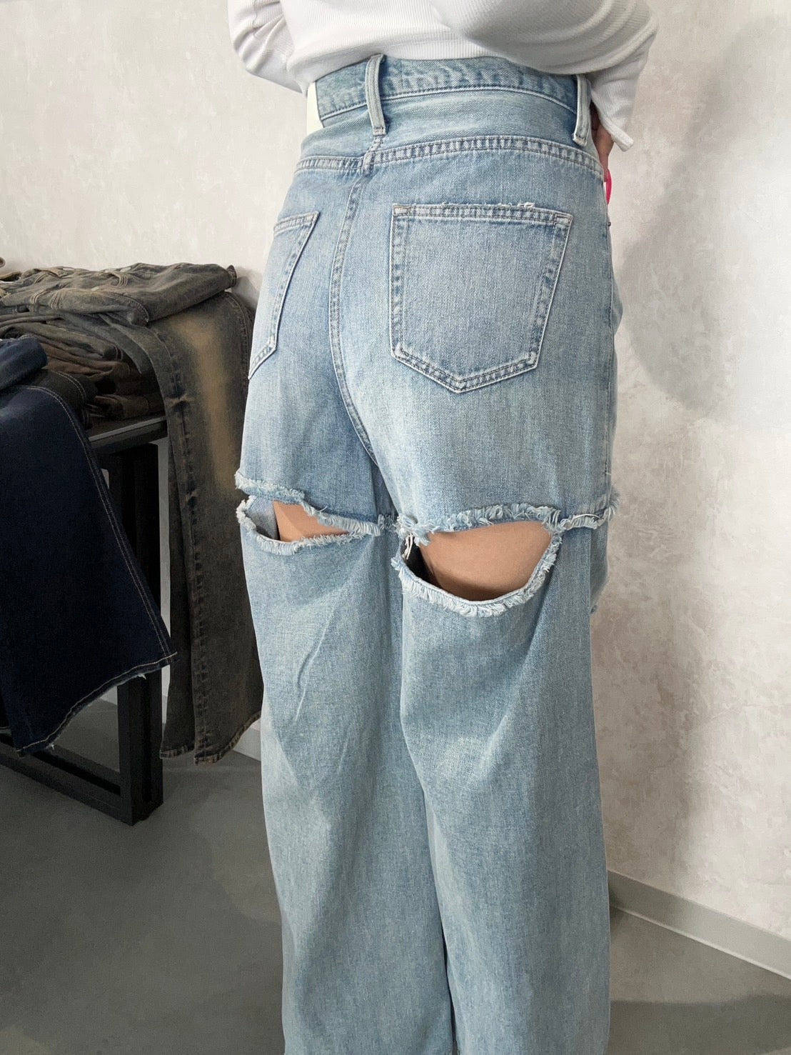 GYDA ハイウエストThighs cutデザインダメージワイドデニムパンツ