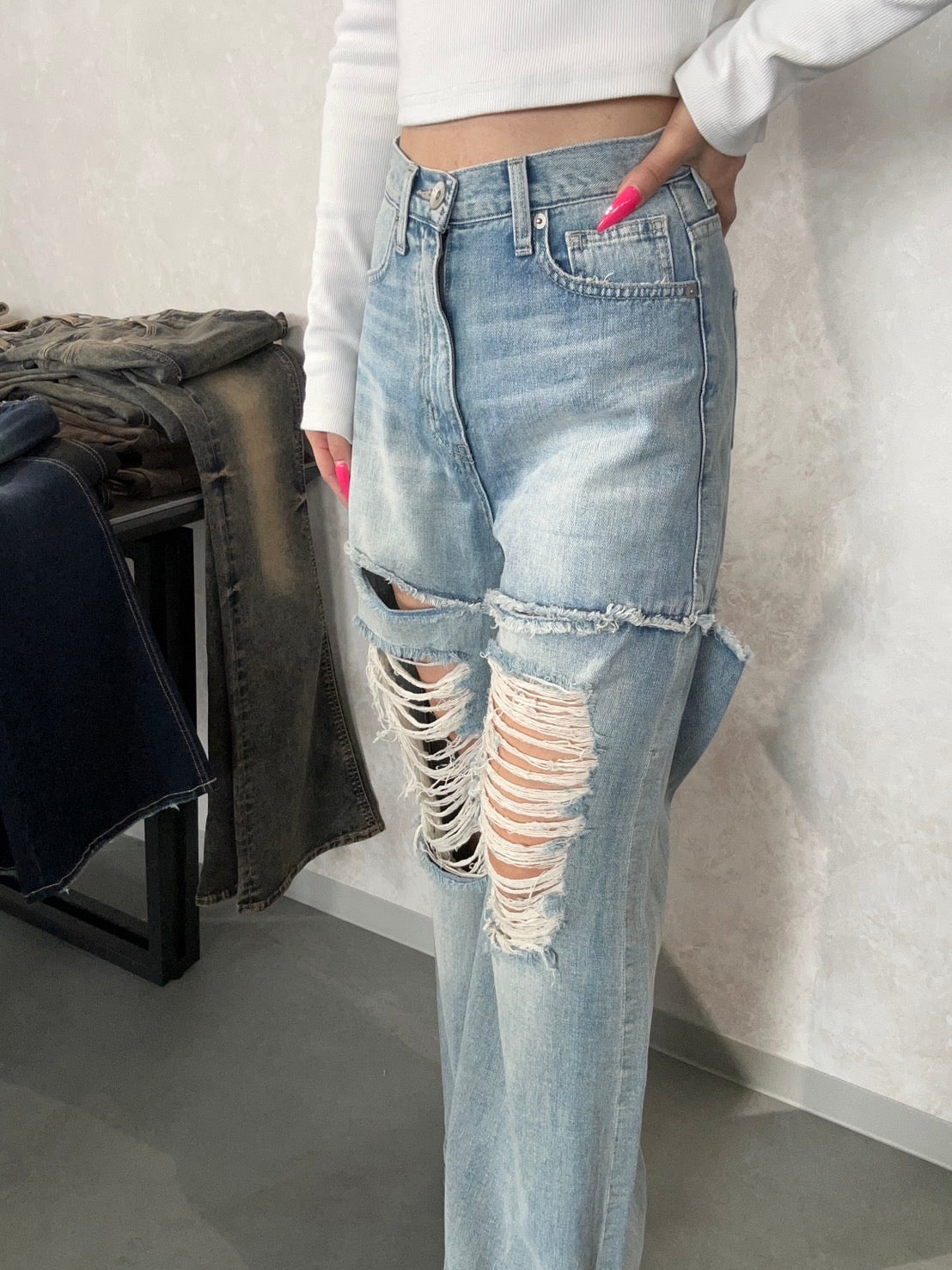 GYDA ハイウエストThighs cutデザインダメージワイドデニムパンツ