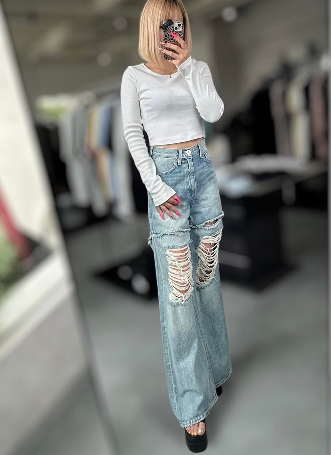 GYDA ハイウエストThighs cutデザインダメージワイドデニムパンツ