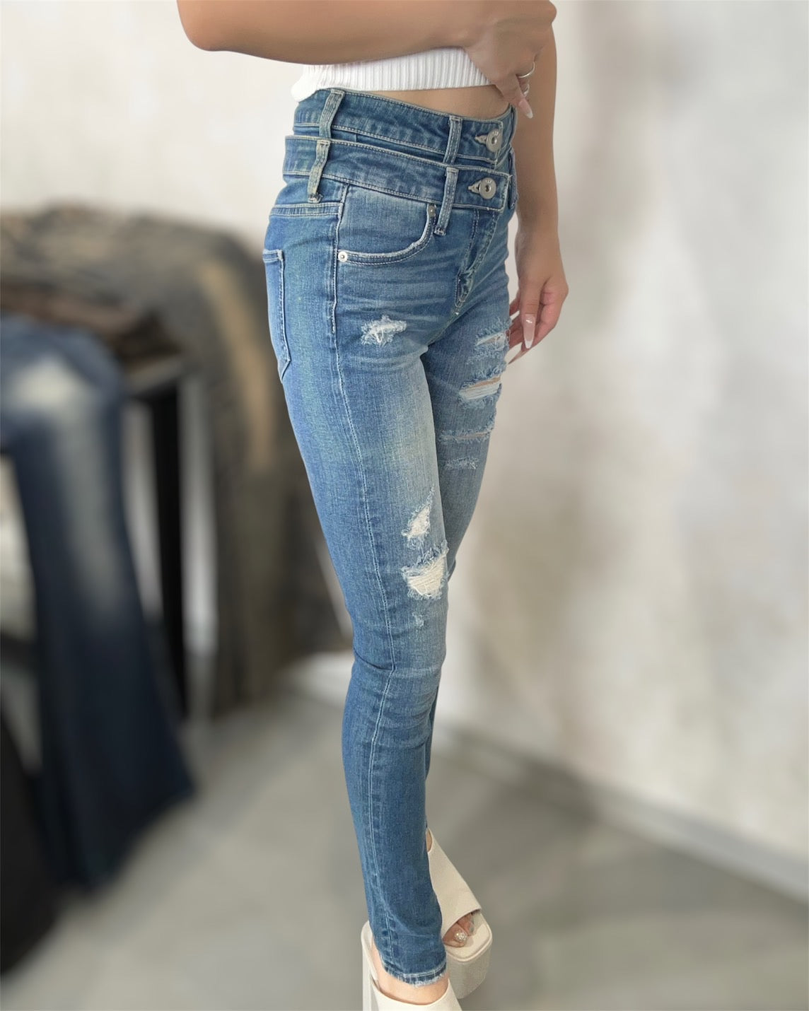 GYDA Wウエストダメージスキニーデニムパンツ
