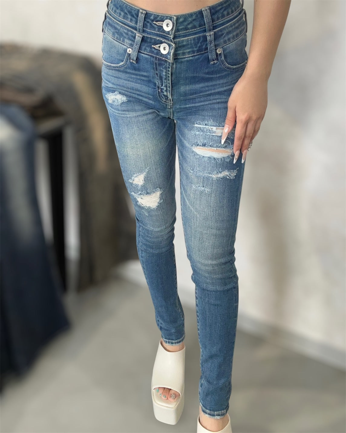 GYDA Wウエストダメージスキニーデニムパンツ