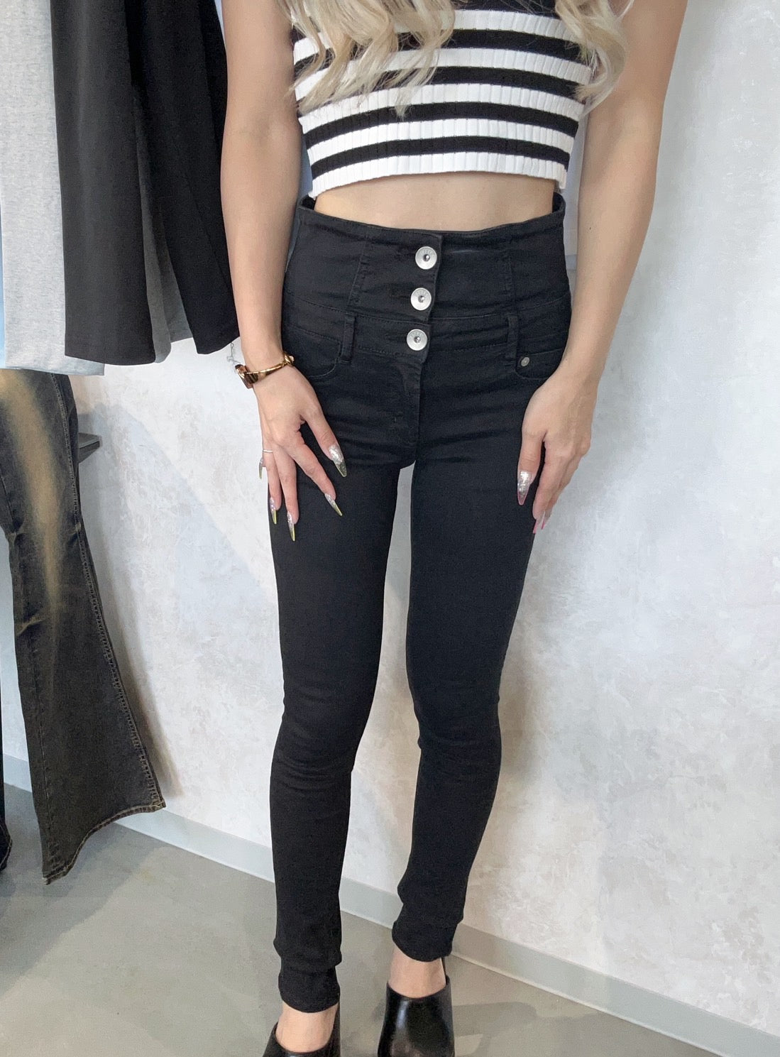 GYDA ハイウエストクロススキニーデニムパンツ