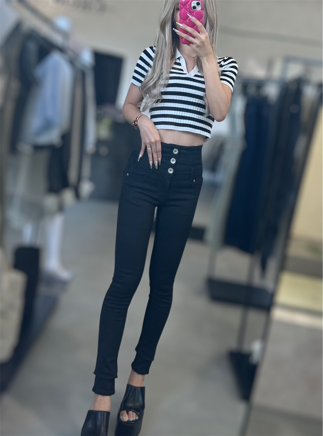 GYDA ハイウエストクロススキニーデニムパンツ