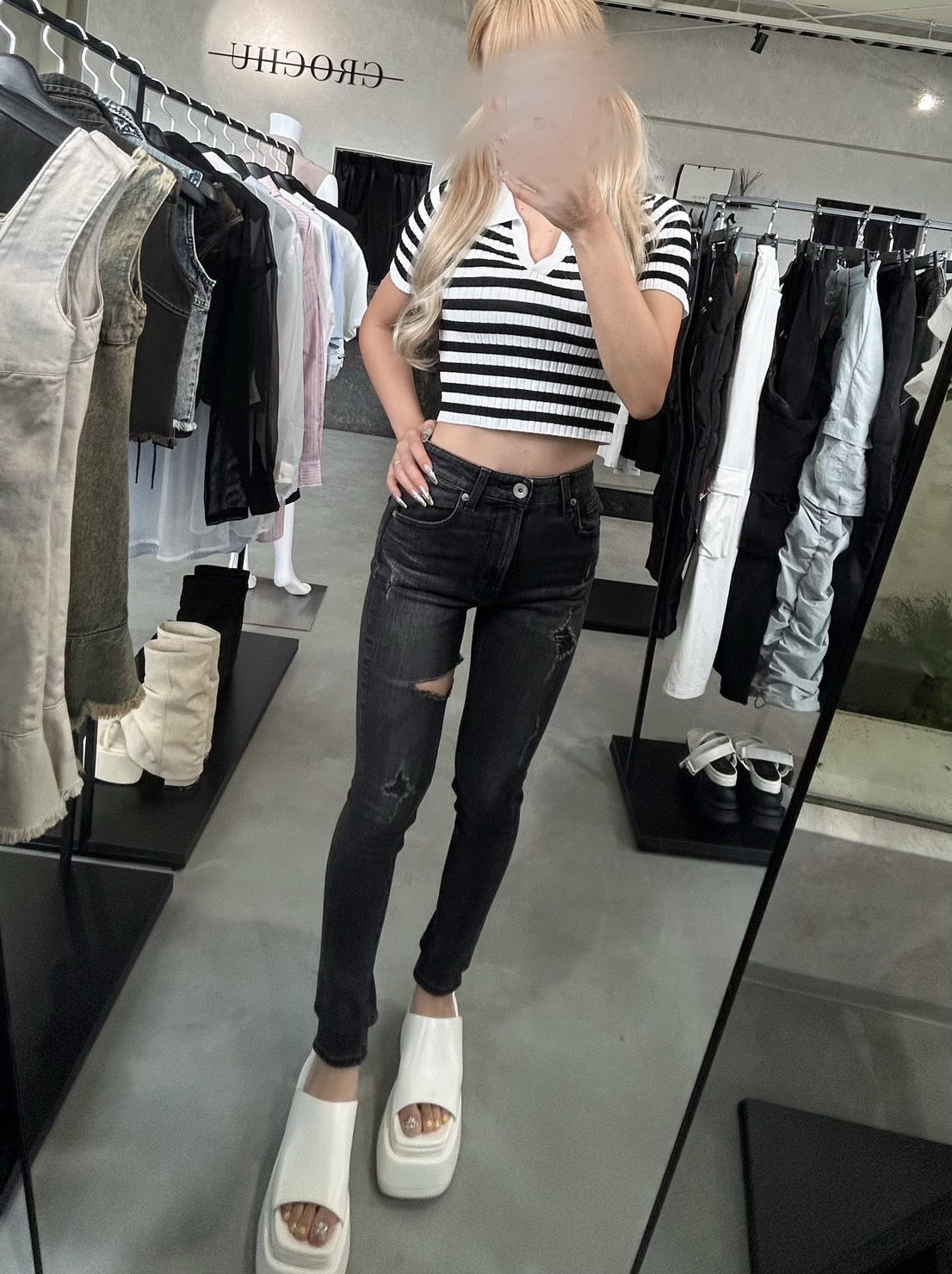 GYDA H/W thigh high ダメージデニムパンツ