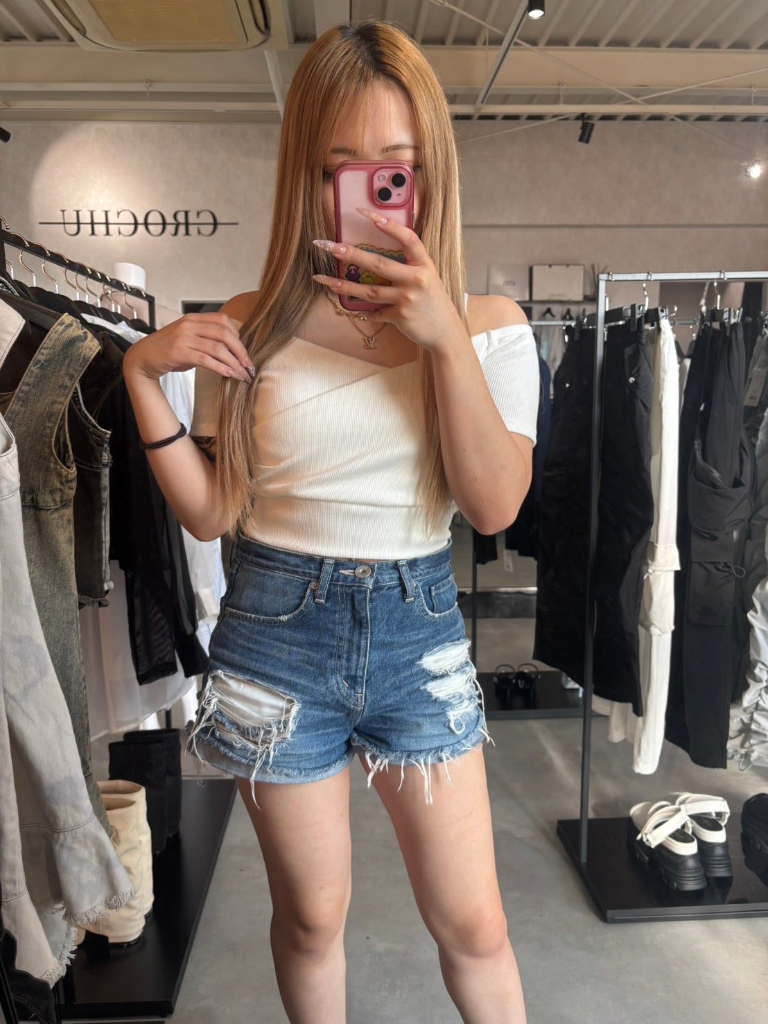 GYDA ハーフスリーブカシュクールオフショルショートトップス