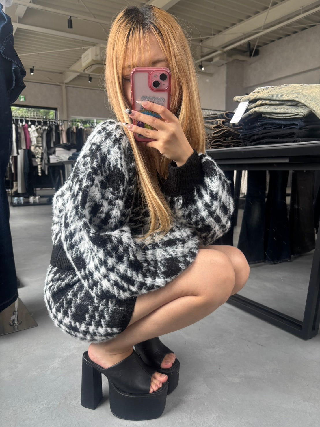 GYDA シャギーCHECK PATTERN MIXニットスカートライクショートパンツ【SETUP着用可】