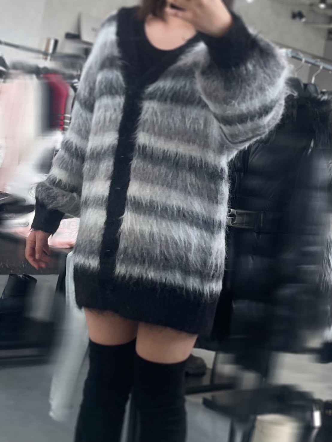 EVRIS ソフトシャギーボーダーニットカーディガン