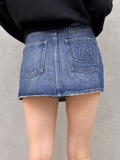 GYDA ハイウエストGD embossダメージスカートライクデニムショートパンツ
