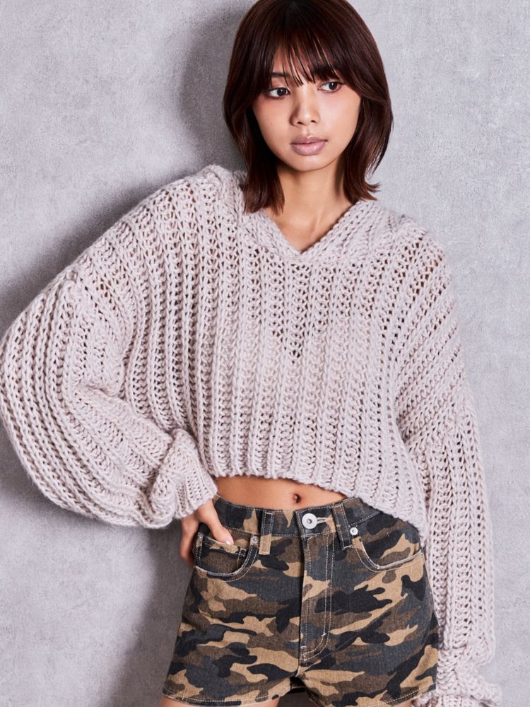 GYDA HANDニットライクショートHOODIE