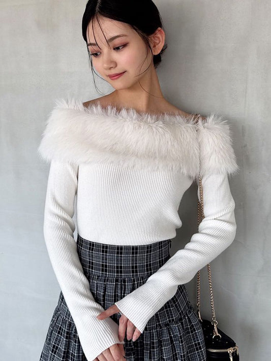 RESEXXY フェイクファーオフショルニットトップス