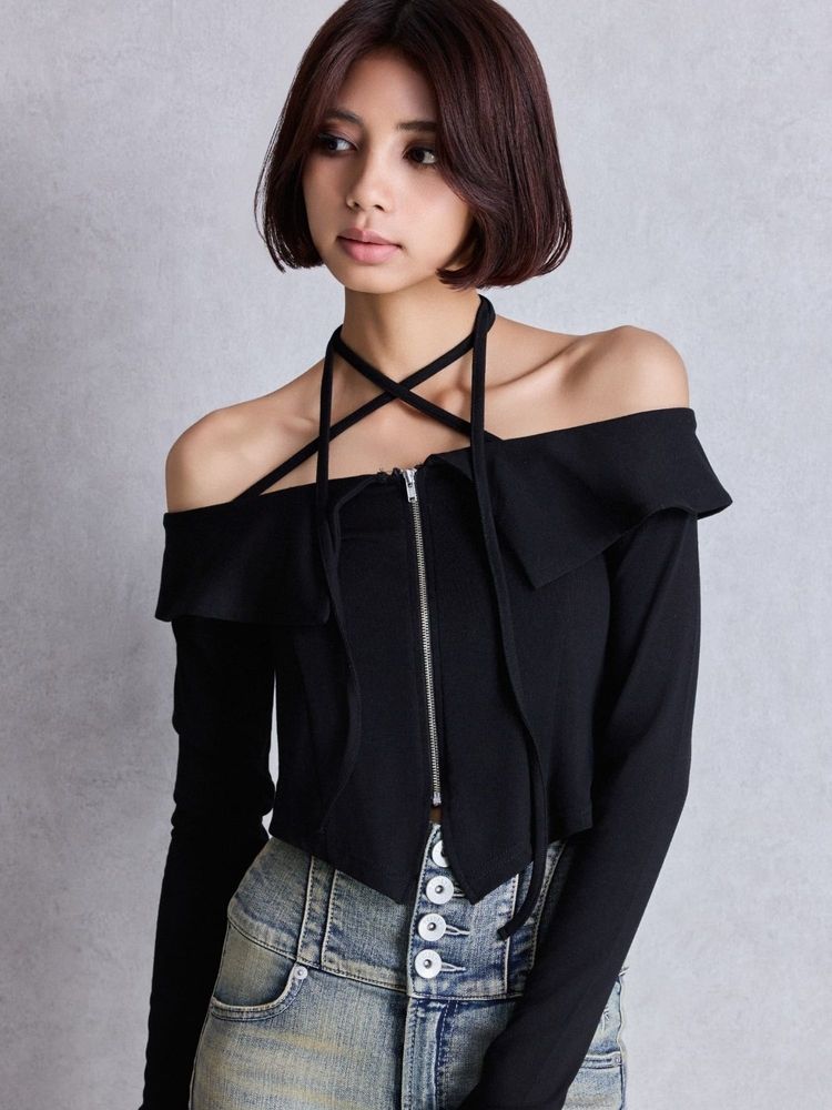 GYDA フロントZIPクロスチョーカーショートトップス