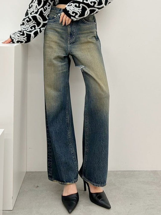 GYDA ハイウエストSymmetryGYDA INNER RIPPEDワイドデニムパンツ