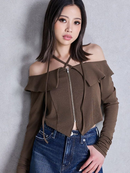 GYDA フロントZIPクロスチョーカーショートトップス