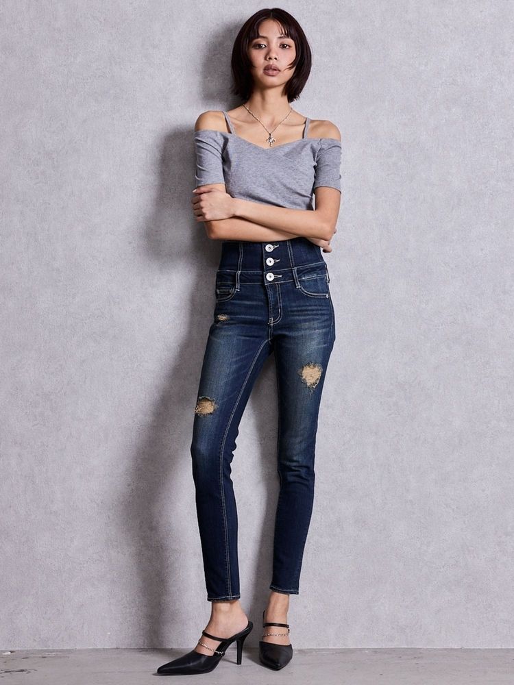 GYDA ハイウエストバッククロスダメージスキニーデニムパンツ