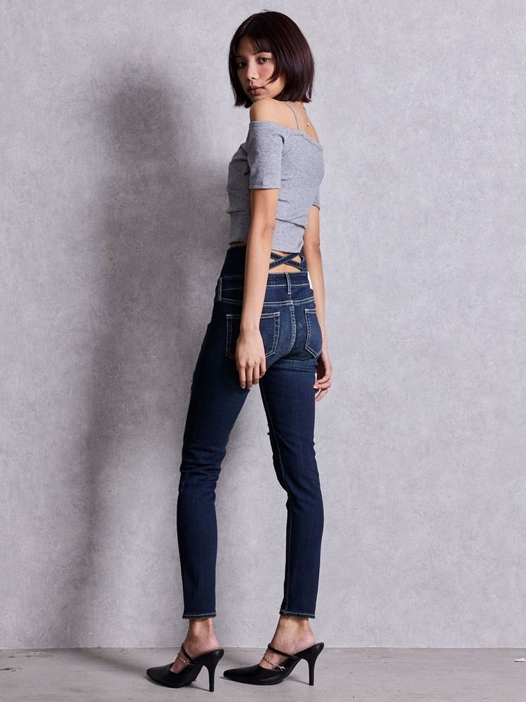 GYDA ハイウエストバッククロスダメージスキニーデニムパンツ