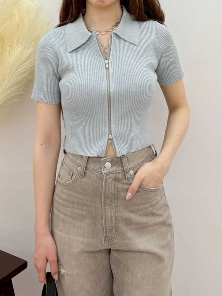 EVRIS ラメZIPバックリボンニットトップス