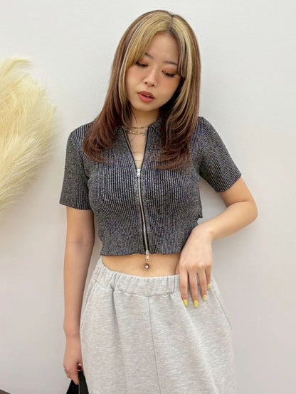 EVRIS ラメZIPバックリボンニットトップス