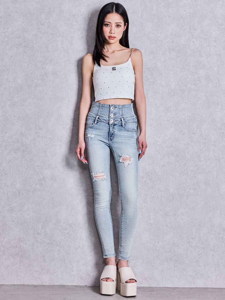 GYDA ハイウエストバッククロスダメージスキニーデニムパンツ