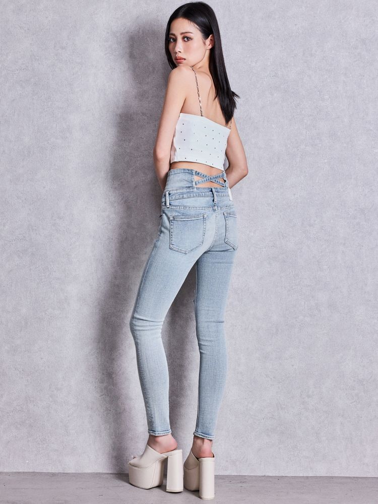 GYDA ハイウエストバッククロスダメージスキニーデニムパンツ
