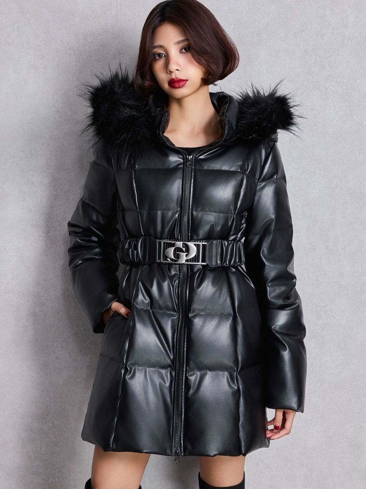 GYDA GDベルト付きフェイクレザーロングダウンコート