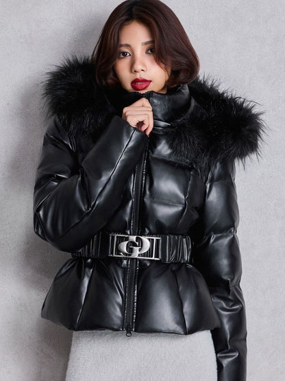 GYDA GDベルト付きフェイクレザーショートダウンコート