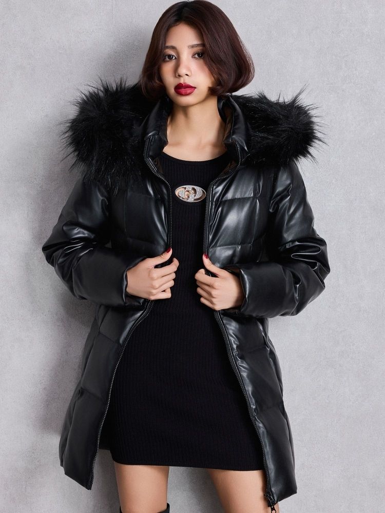 GYDA GDベルト付きフェイクレザーロングダウンコート