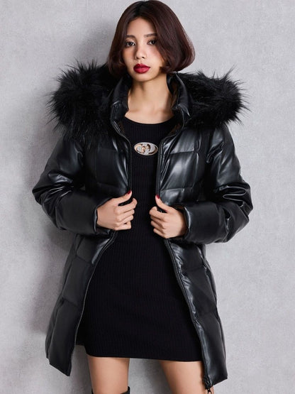 GYDA GDベルト付きフェイクレザーロングダウンコート