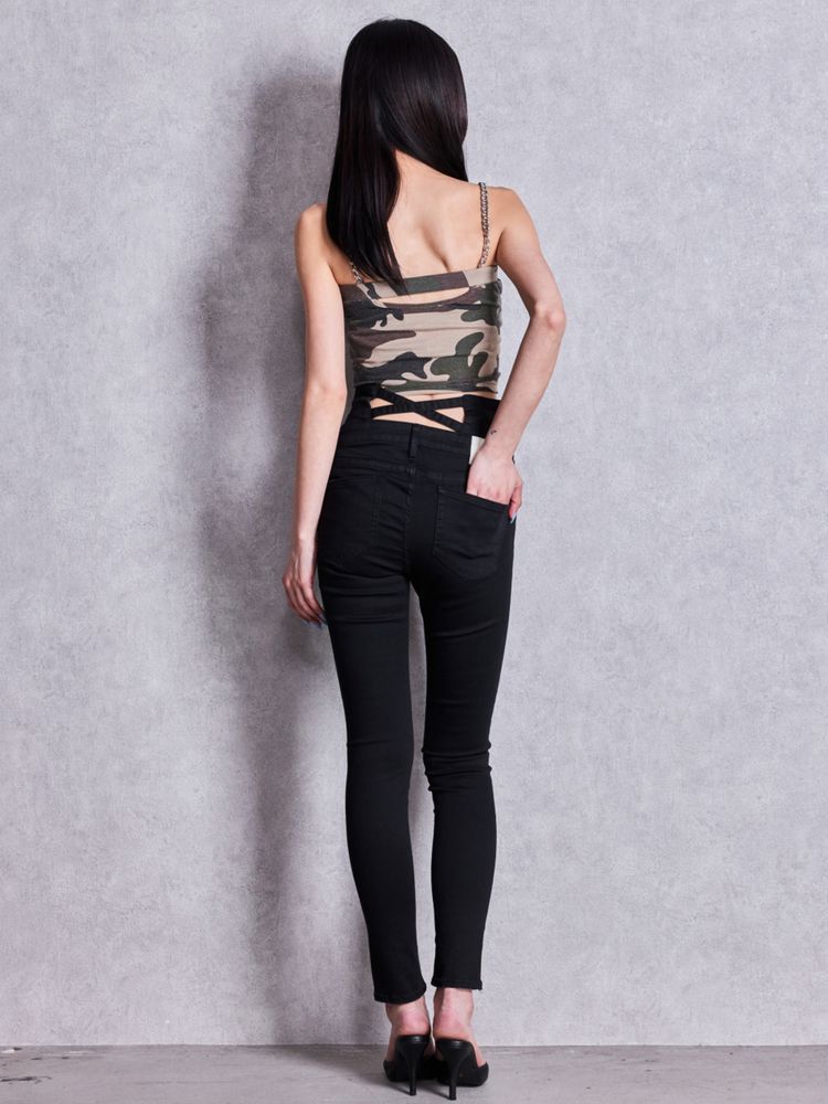GYDA ハイウエストバッククロスダメージスキニーデニムパンツ