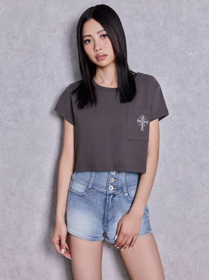 GYDA ハイウエストボタンBACKカーブクロスGYDA chain デニムショートパンツ