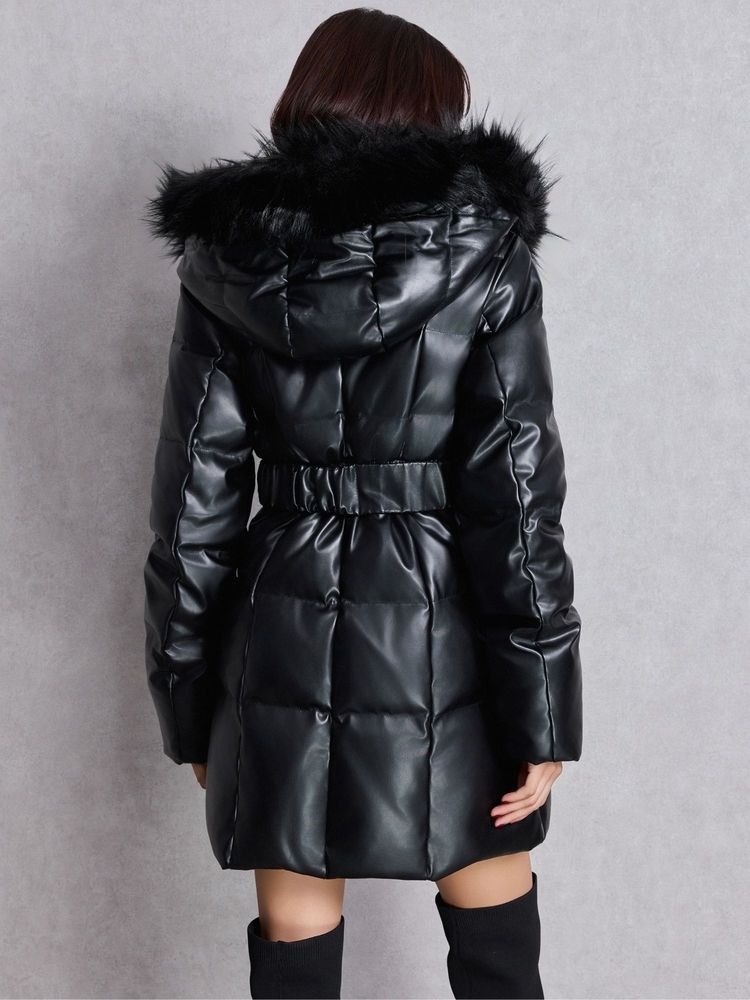 GYDA GDベルト付きフェイクレザーロングダウンコート