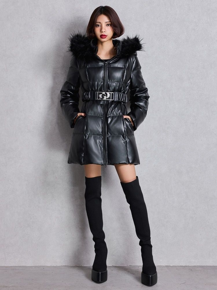 GYDA GDベルト付きフェイクレザーロングダウンコート
