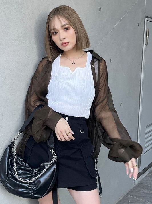 MURUA ボリュームスリーブシャイニーシアーシャツ