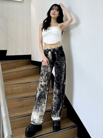GYDA ハイウエスト Tie Dyeワイドデニムパンツ