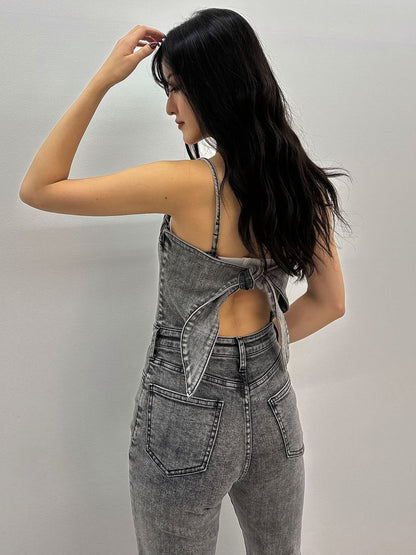 GYDA ケミカルBACKリボンデニムロンパース