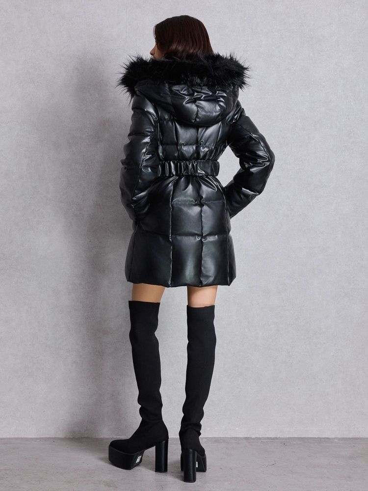 GYDA GDベルト付きフェイクレザーロングダウンコート