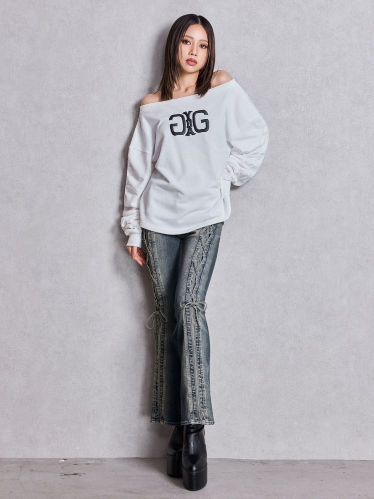 GYDA アームギャザー Symmetry GYDA オフショルスウェットトップス