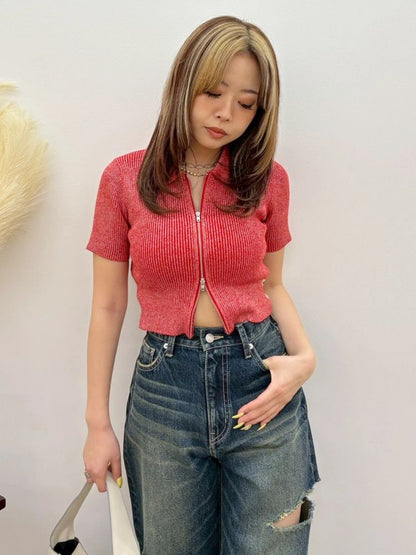 EVRIS ラメZIPバックリボンニットトップス