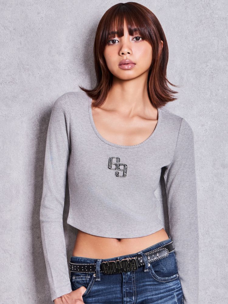 GYDA GGロゴラインストーンラメテレコ long sleeve トップス