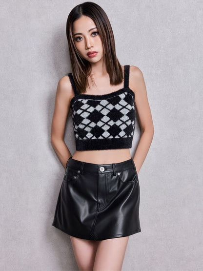 GYDA ハイウエストフェイクレザースカートライクショートパンツ