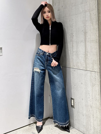 GYDA ハイウエストレースデザインフレアデニムパンツ