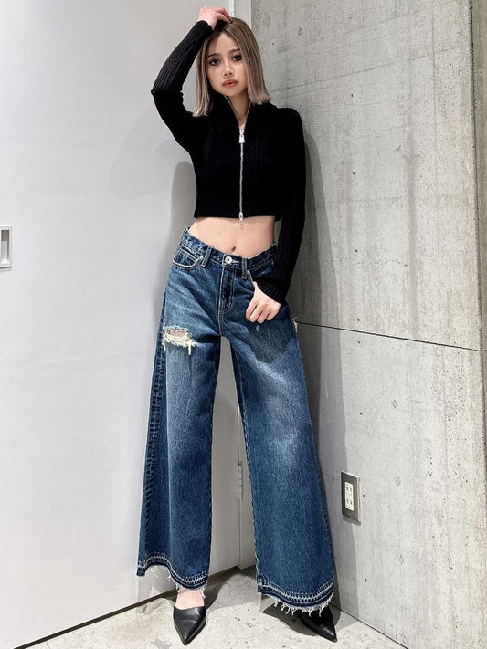 GYDA ハイウエストレースデザインフレアデニムパンツ