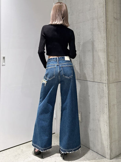 GYDA ハイウエストレースデザインフレアデニムパンツ