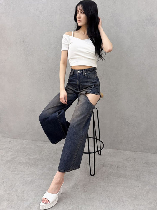 GYDA ハーフスリーブカシュクールオフショルショートトップス